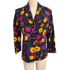Vintage Womens Floral Blazer Jacket Vibrant Multicolor Flowers and Black Button